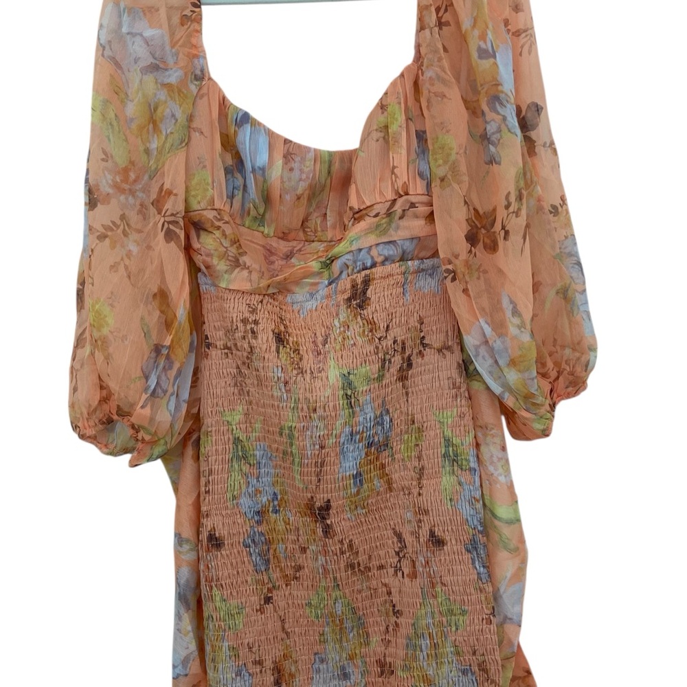 Selfie Leslie Joie Puff Sleeves Shirred Dress Floral Print Apricot/Green